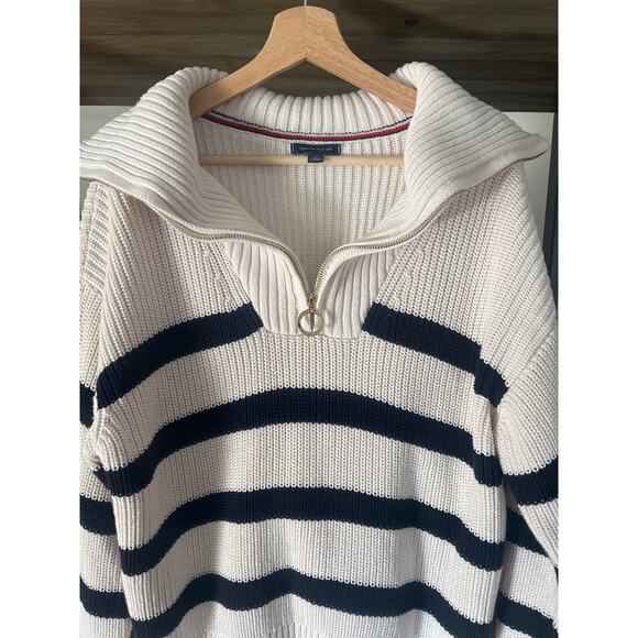 Tommy Hilfiger Chunky Cableknit Quarter Zip Striped Sweater Navy Cream Large - Picture 2 of 6